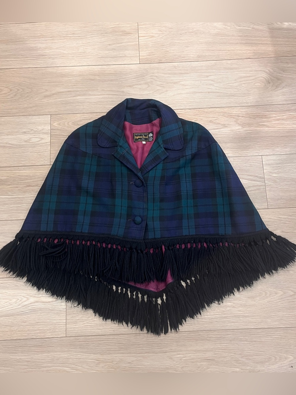 Vintage Highland Queen Tartan Plaid 100% Wool Fringe Cape Poncho Size 12